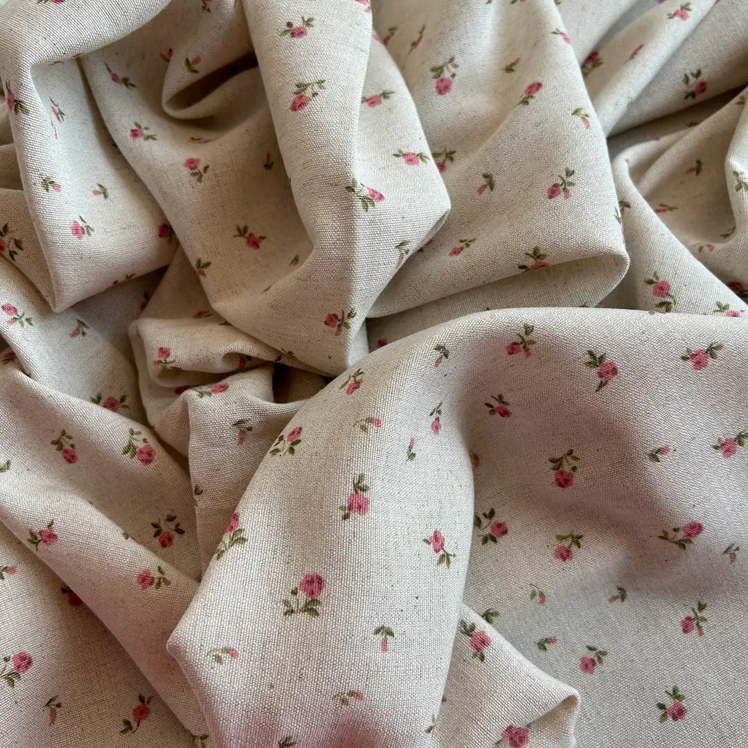 Toptan Viskon Keten Kumaş / Çıtır Çiçek Desenli  / DRY - 166 - Pembe