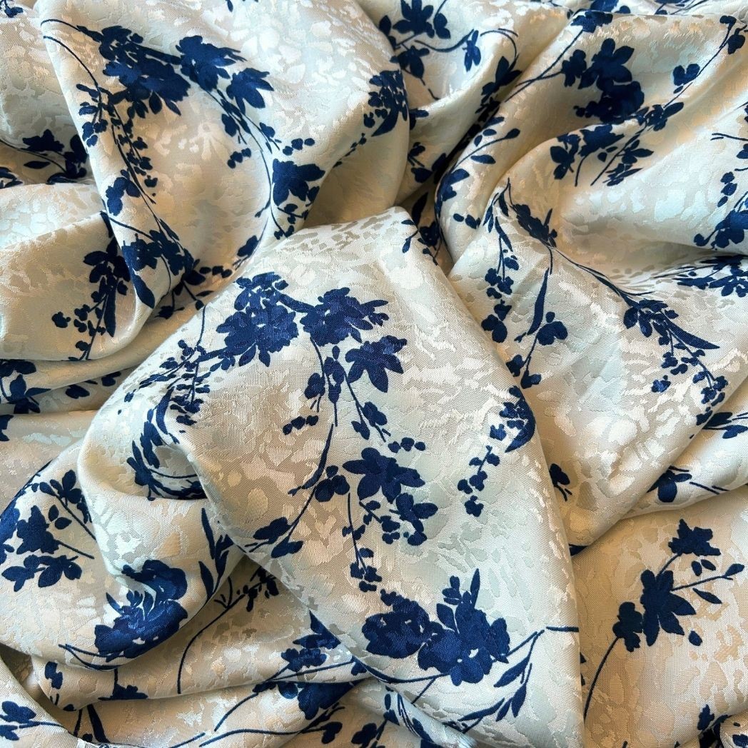 Elbiselik Kumaş / Çiçek Baskılı Floş Viskon Saten Leopar Jakar Desenli / DRY 5006 - navy blue