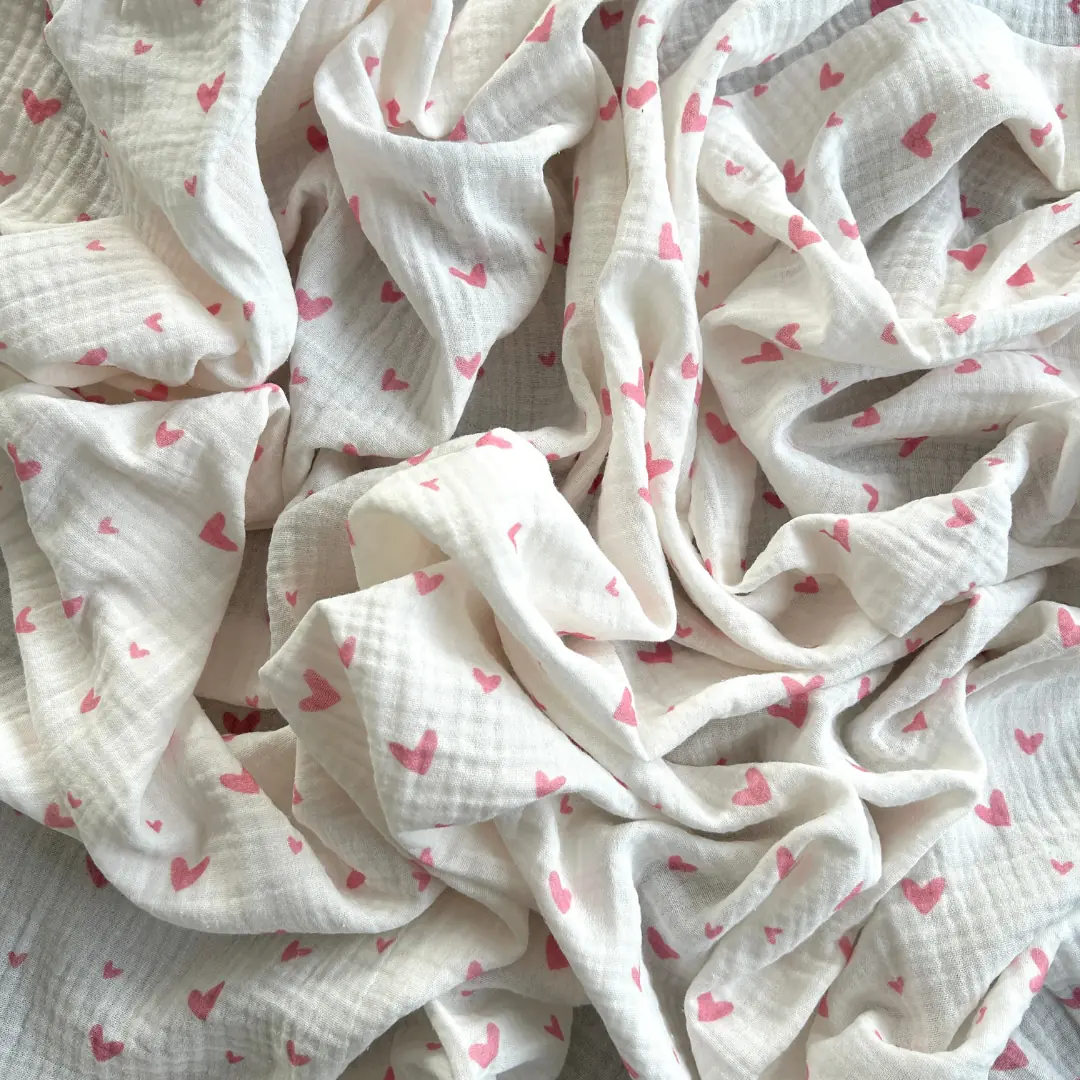 Toptan Müslin Kumaş / Kalp Desenli / DRY - 07 - Pembe