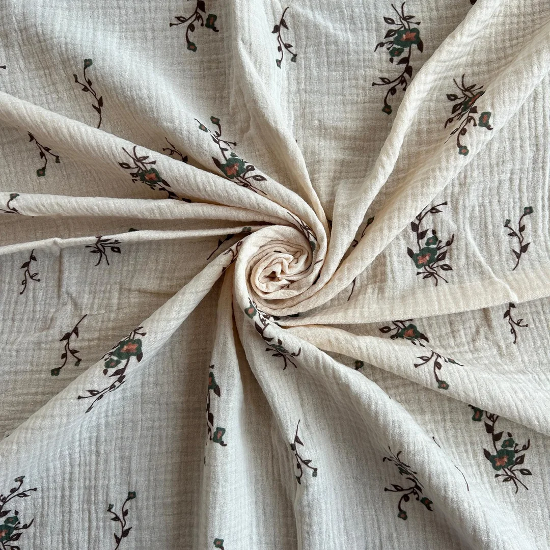 Toptan Müslin Kumaş / Krem Zemin Çiçek Desenli / DRY - 181