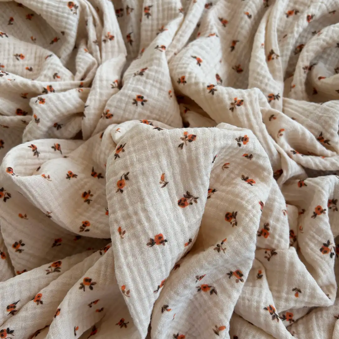 Toptan Müslin Kumaş / Krem Zemin Çıtır Çiçek / DRY 166 - Turuncu