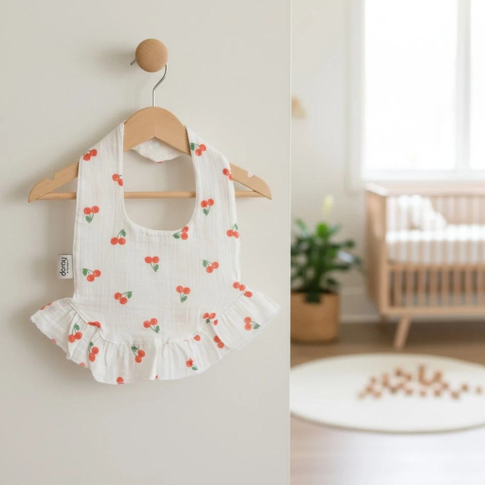 %100 Organik Müslin Önlük / Bebek Mama Önlüğü - Kiraz