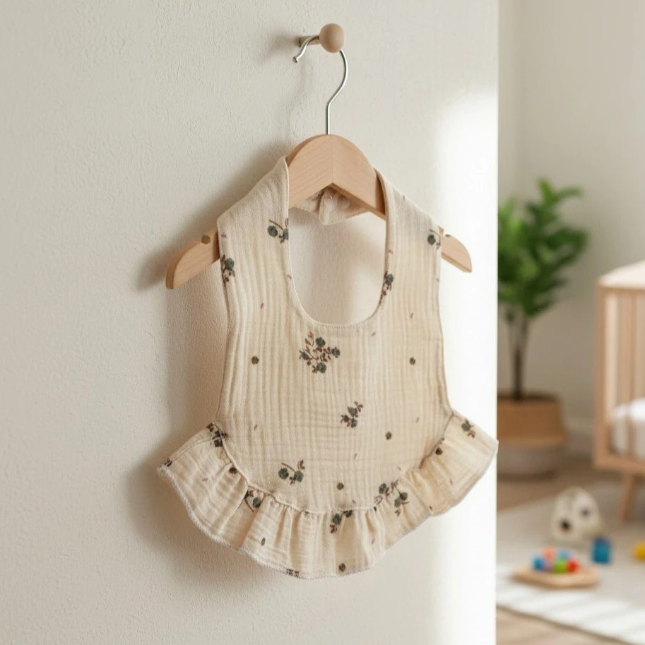 %100 Organik Müslin Önlük / Bebek Mama Önlüğü - Çıtır Çiçek Yeşil