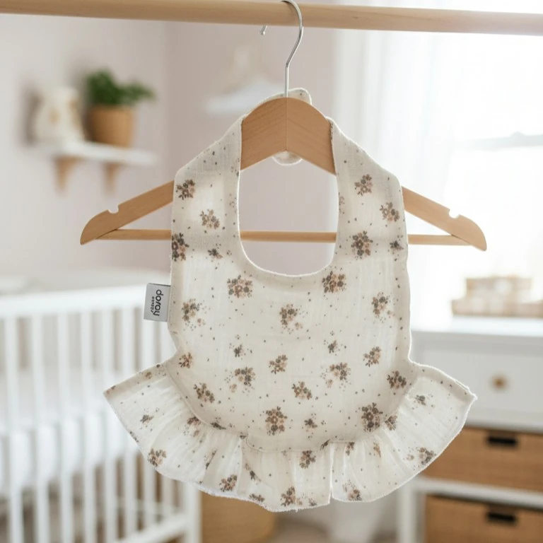 %100 Organik Müslin Önlük / Bebek Mama Önlüğü - Krem Yeşil Çiçek