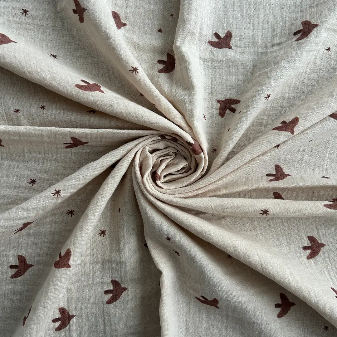 Toptan Müslin Kumaş / Krem Zemin Kuş Desenli / DRY - 216