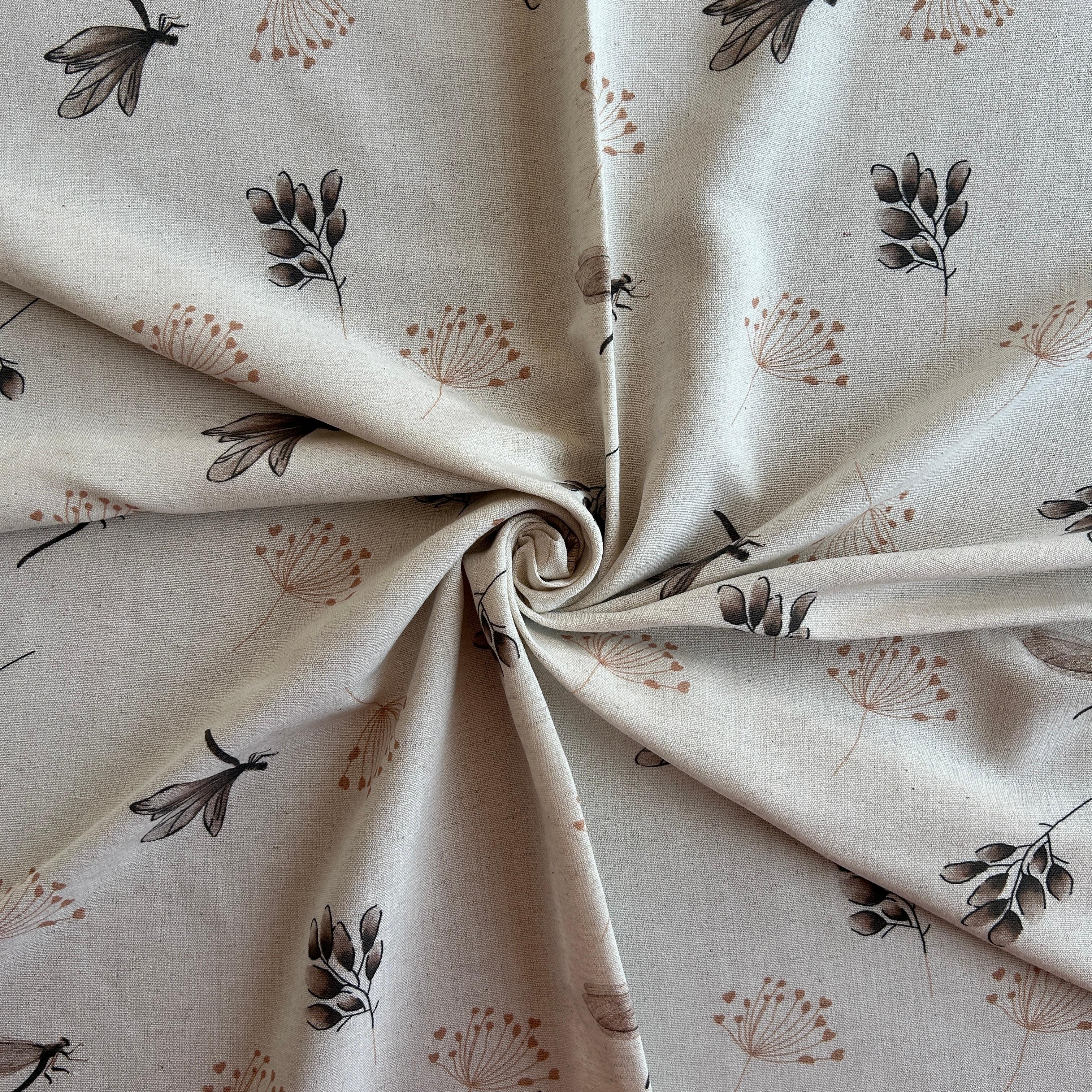 Dragonfly and Flower Pattern Viscose Linen Fabric / DRY - 169 
