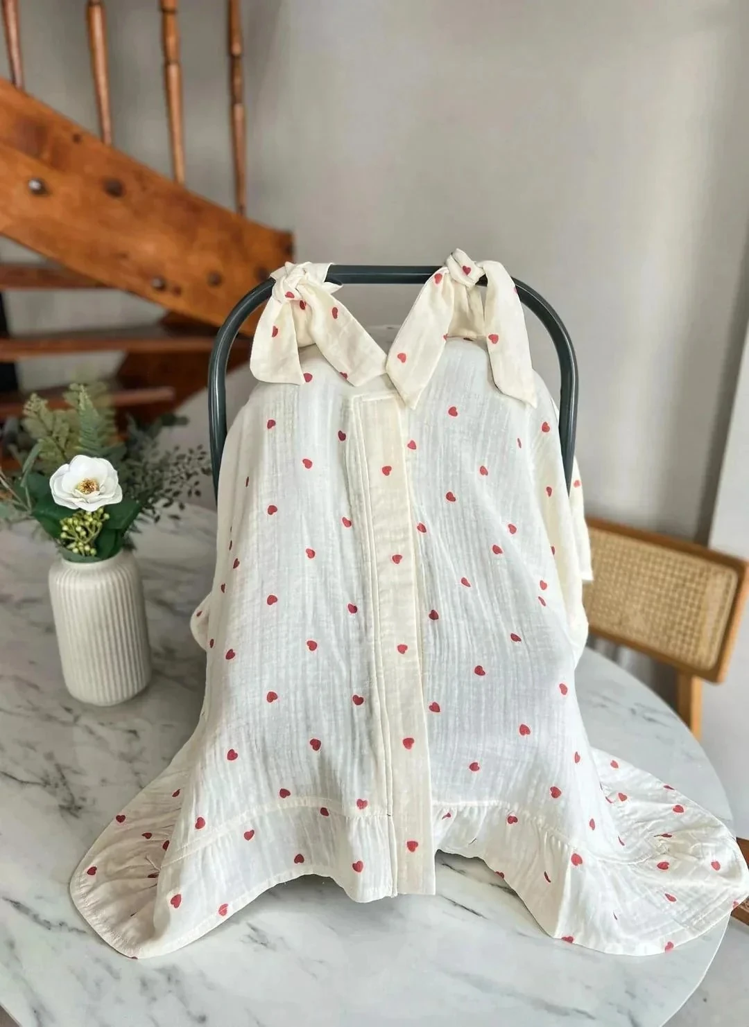 Kalp Desenli Müslin Puset Örtüsü | Bebek Aksesuarları - Kırmızı