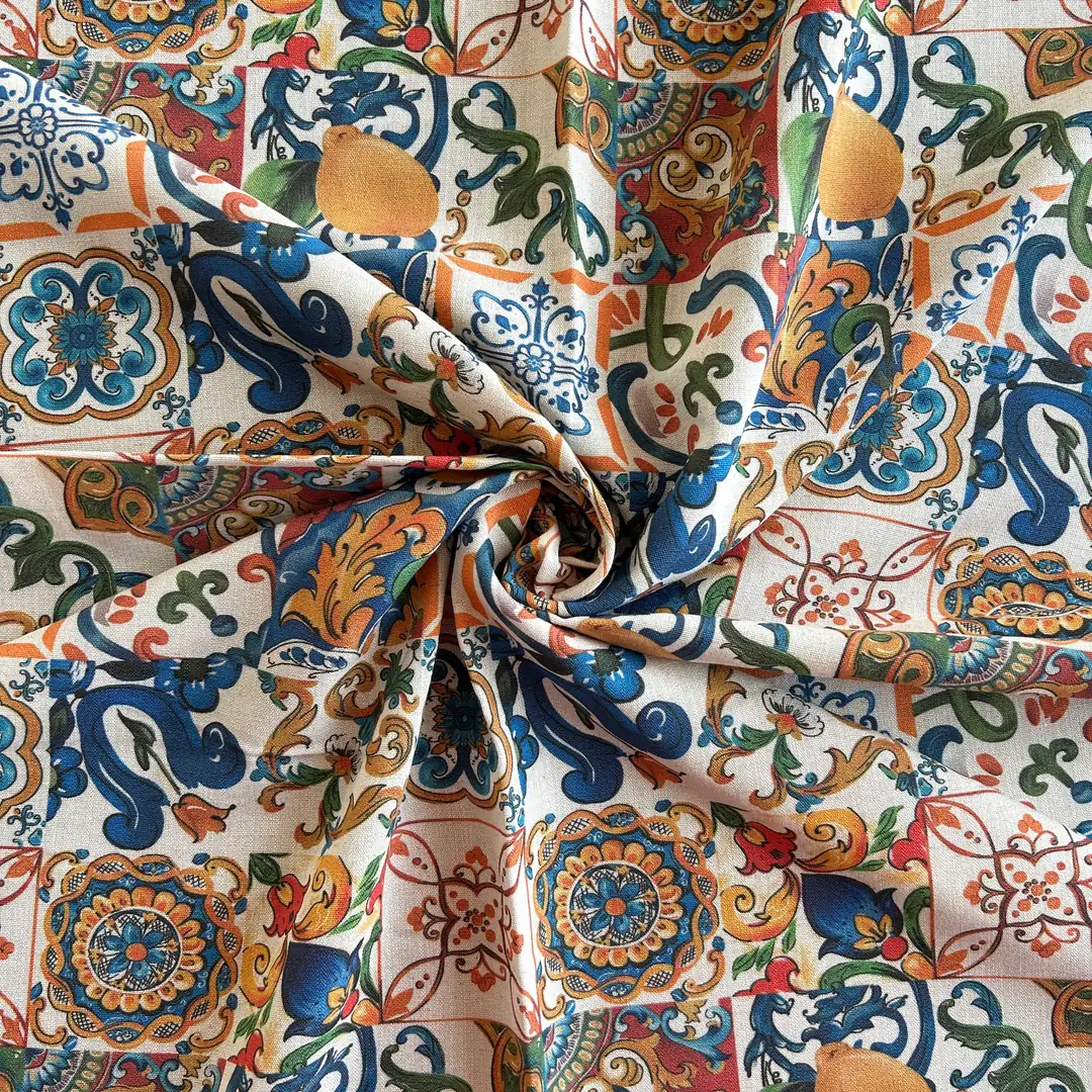 Toptan Viskon Keten Kumaş / Vintage Desenli / DRY - 117