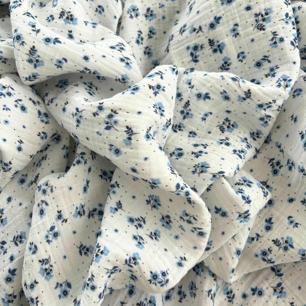 Çift Kat Müslin Kumaş / Çıtır Çiçek Desenli / DRY 225 - Mavi