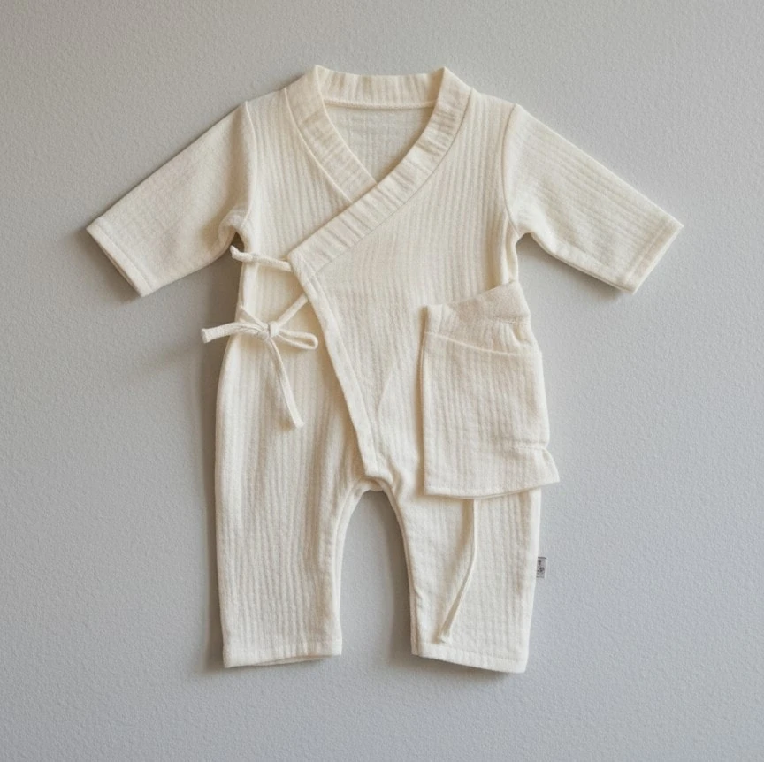 Ekru Müslin Tulum Şapka 2'li Set | Yenidoğan & Bebek Giyim