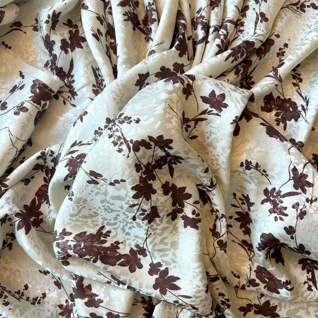 Elbiselik Kumaş / Çiçek Baskılı Floş Viskon Saten Leopar Jakar Desenli / DRY 5006 - brown