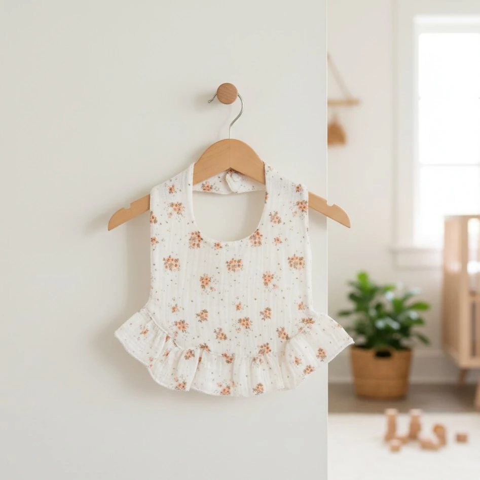 %100 Organik Müslin Önlük / Bebek Mama Önlüğü - Krem Kahve Çiçek