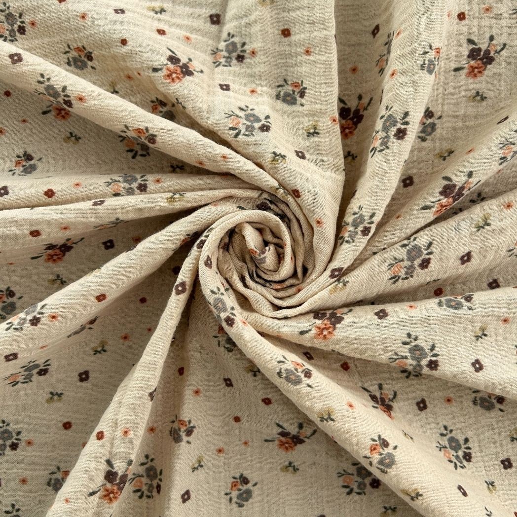 Çift Kat Müslin Kumaş / Çıtır Çiçek Desenli Krem Zemin / DRY 221