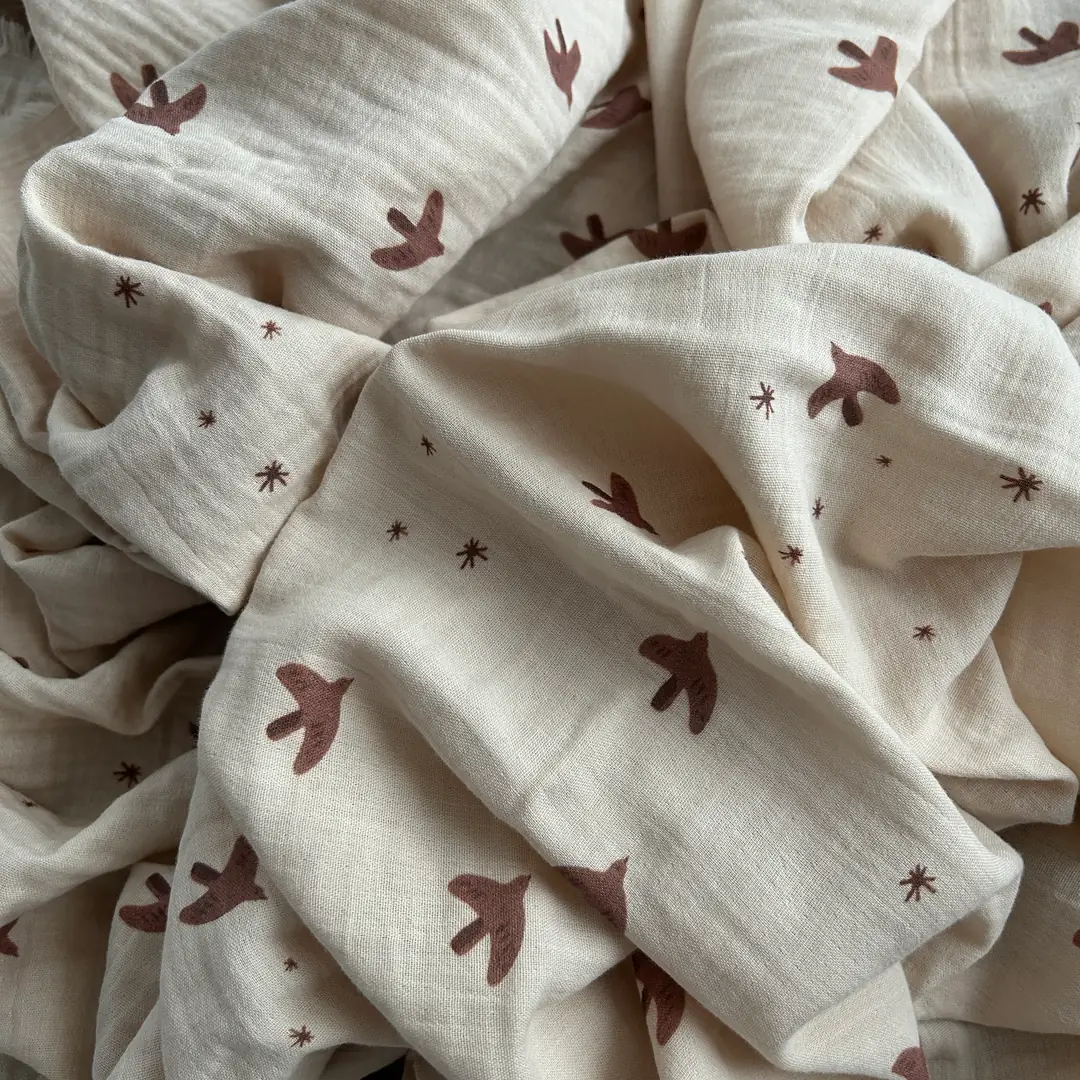 Toptan Müslin Kumaş / Krem Zemin Kuş Desenli / DRY - 216