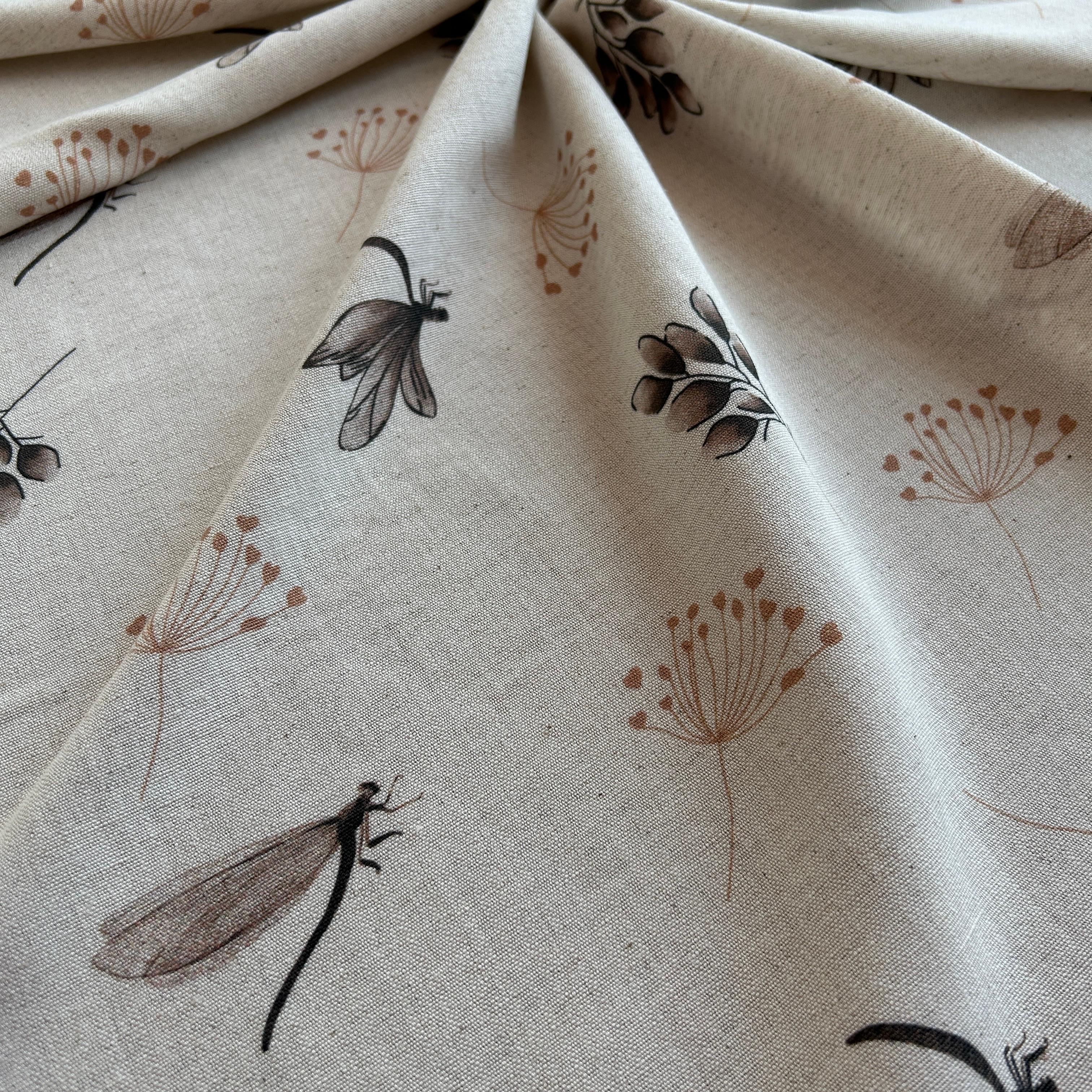 Dragonfly and Flower Pattern Viscose Linen Fabric / DRY - 169 
