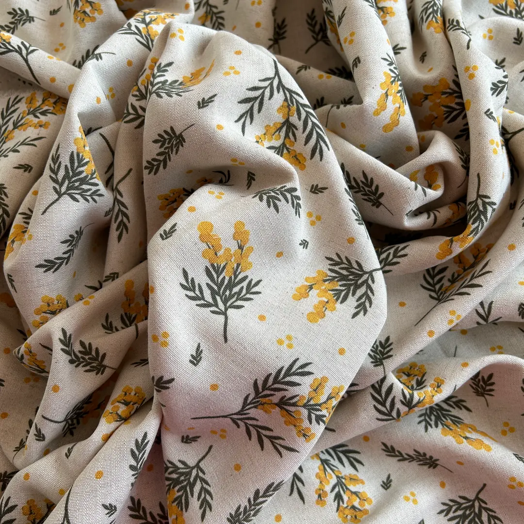 Toptan Viskon Keten Kumaş / Mimoza Çiçek Desenli / DRY - 22