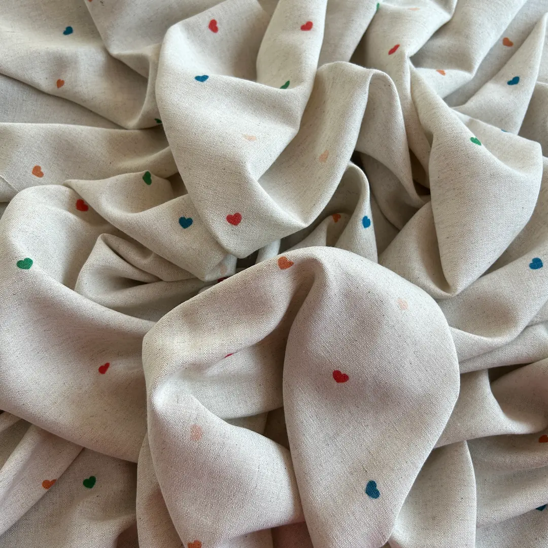 Toptan Viskon Keten Kumaş / Minik Kalp Desenli / DRY - 148 - Renkli