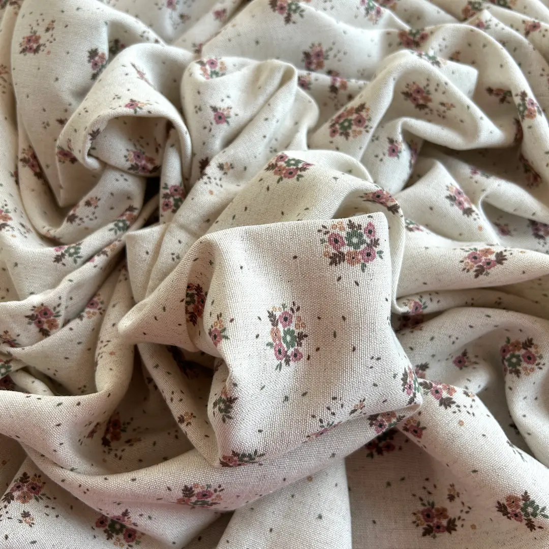 Toptan Viskon Keten Kumaş / Çıtır Çiçek Desenli  / DRY - 136 - Gül Kurusu