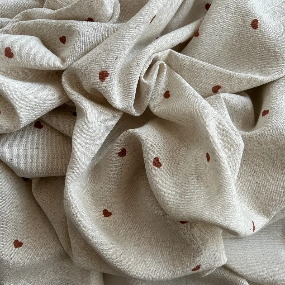 Toptan Viskon Keten Kumaş / Minik Kalp Desenli / DRY - 148 - Kahverengi