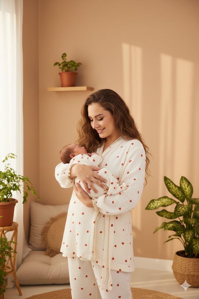 Anne Bebek Takımı | Kırmızı Kalp Desenli | DLB 1023