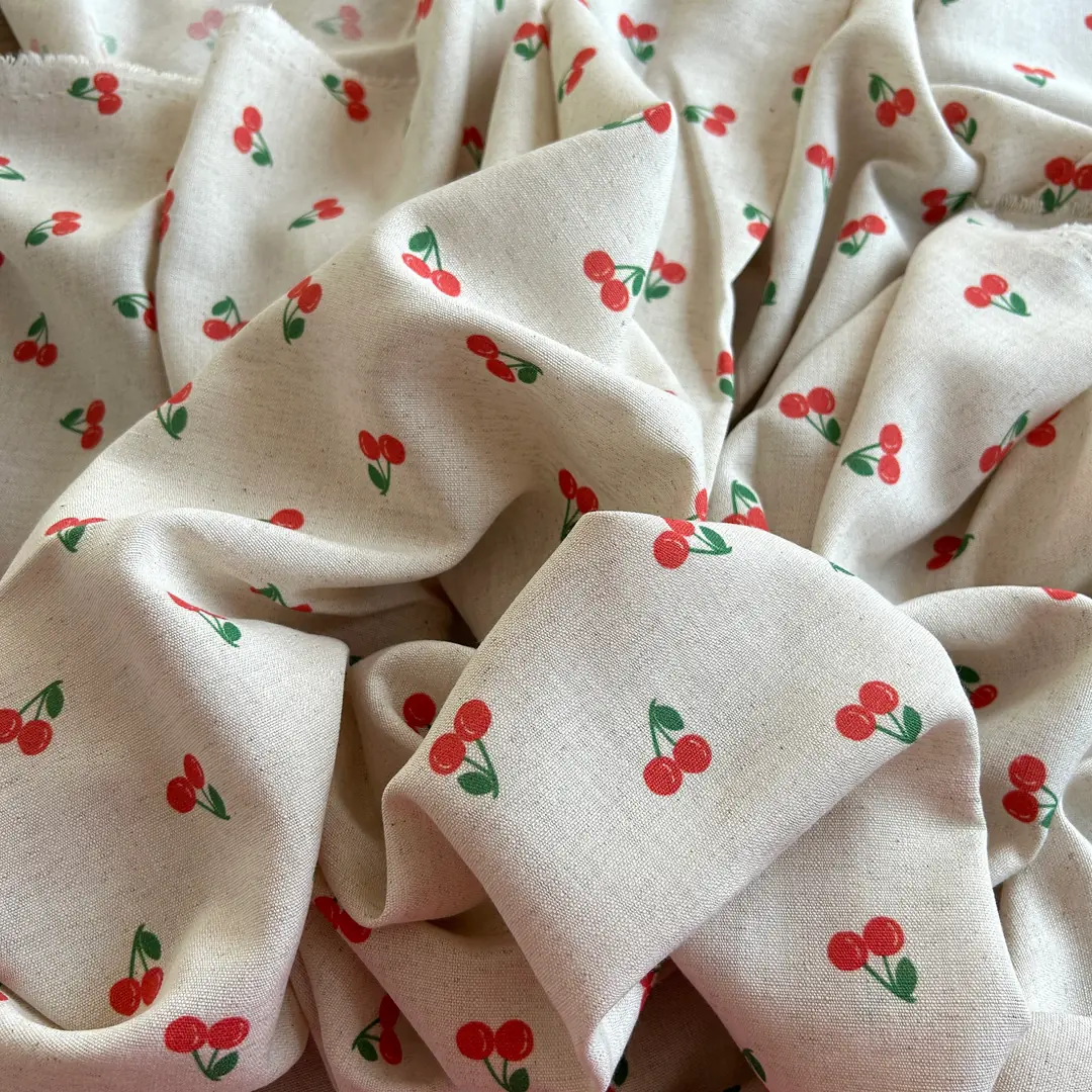 Toptan Viskon Keten Kumaş / Kiraz Desenli  / DRY - 79