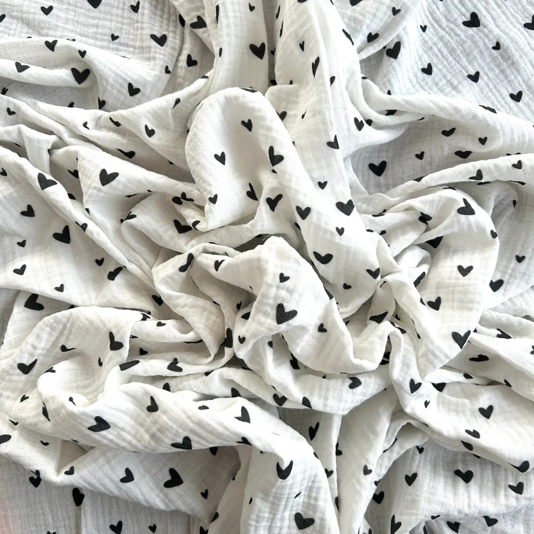 Toptan Müslin Kumaş / Kalp Desenli / DRY - 07 - Siyah