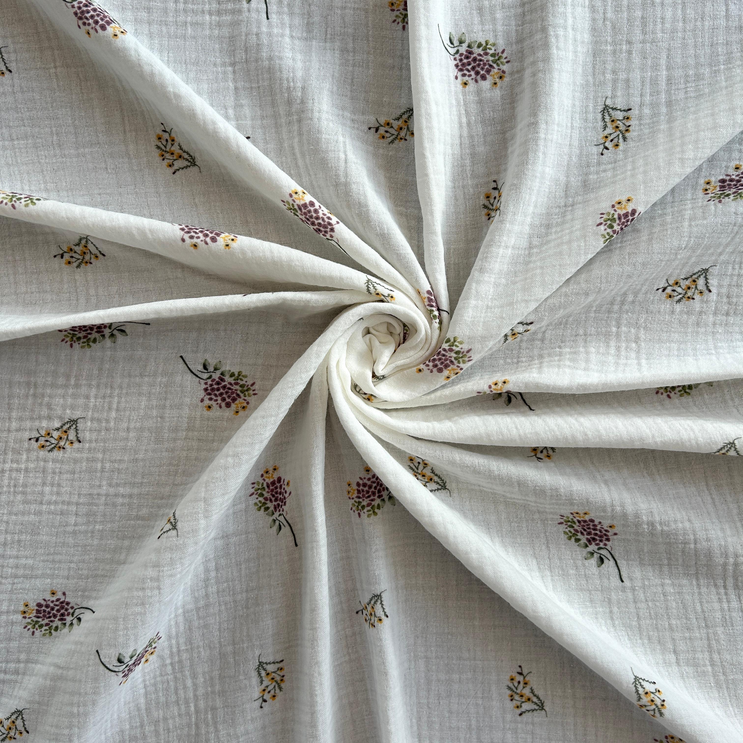 White Ground Floral Pattern Double Layer Cotton Muslin Fabric / DRY - 175 
