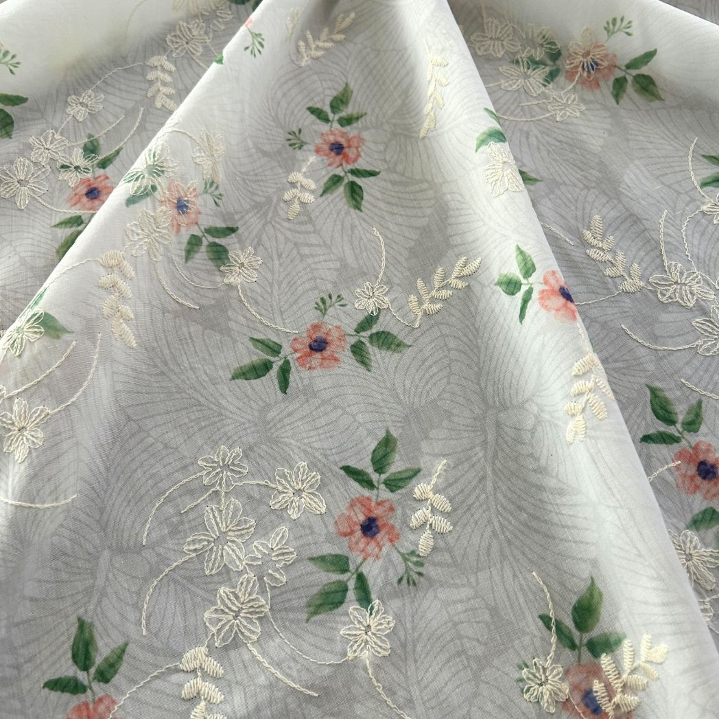 Embroidered Floral Printed Dress Voile Fabric / DRY 3005
