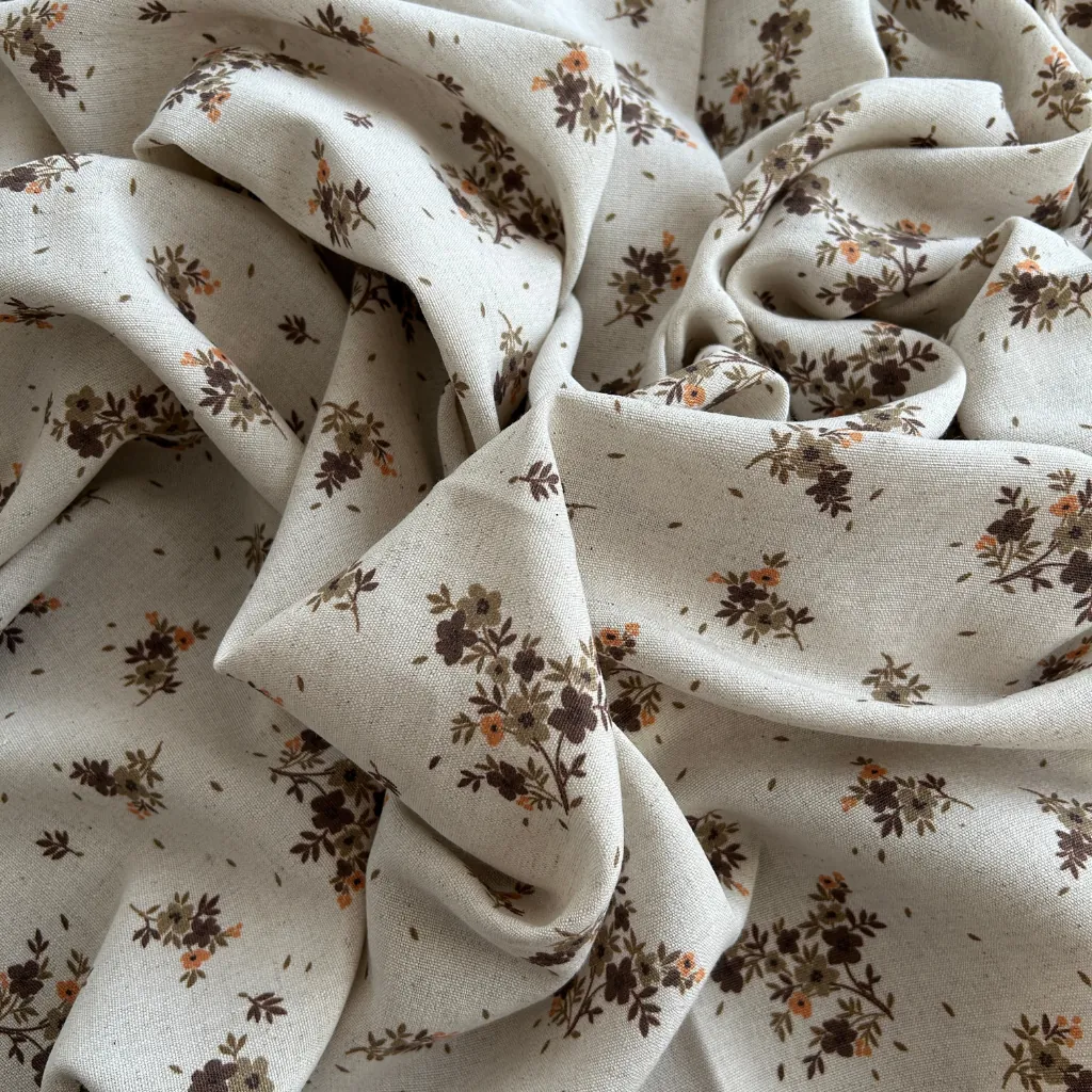 Toptan Viskon Keten Kumaş / Çıtır Çiçek Desenli  / DRY - 134 - Kahverengi