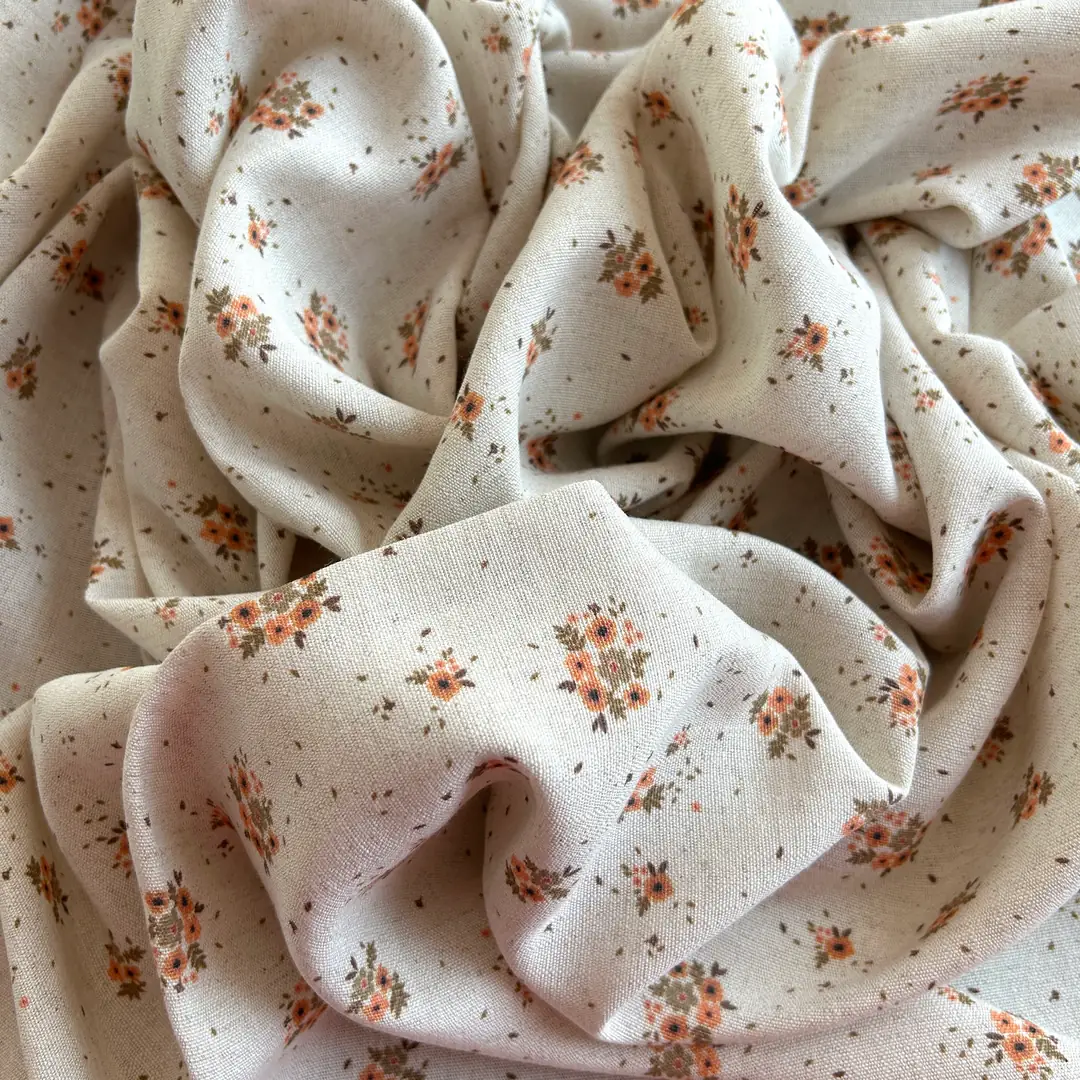 Toptan Viskon Keten Kumaş / Çıtır Çiçek Desenli  / DRY - 136 - Kahverengi