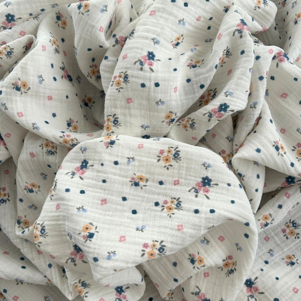 Toptan Müslin Kumaş / Çiçek Desenli / DRY 221 - Mavi