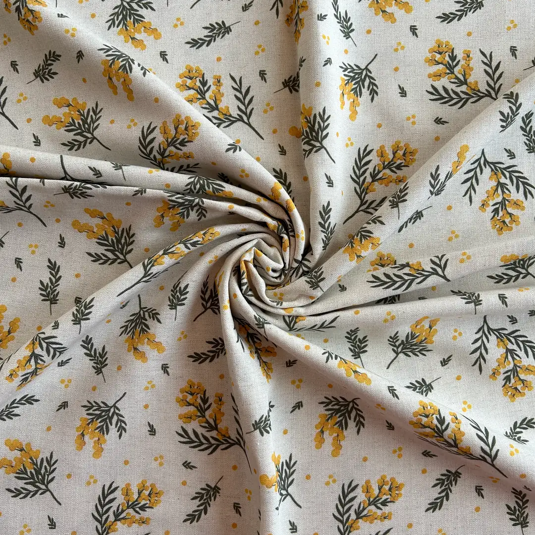 Toptan Viskon Keten Kumaş / Mimoza Çiçek Desenli / DRY - 22