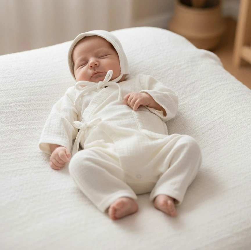 Ekru Müslin Tulum Şapka 2'li Set | Yenidoğan & Bebek Giyim