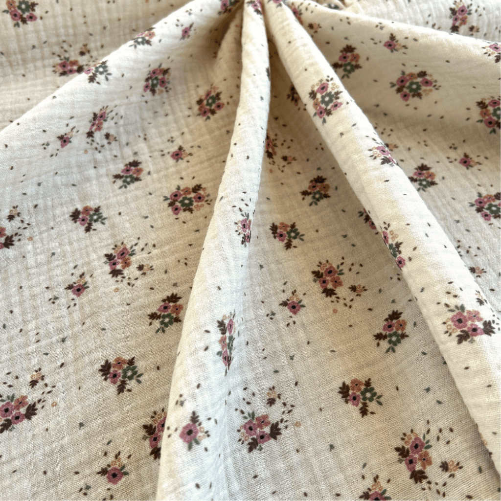 Cream Ground Crispy Flower Pattern Double Layer Cotton Muslin Fabric / DRY 136 

