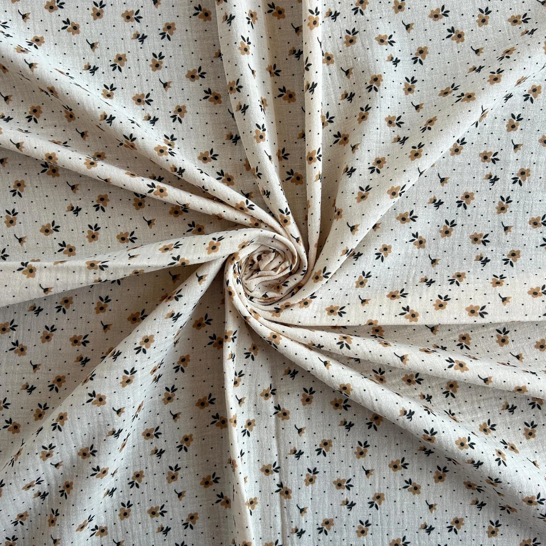 Toptan Müslin Kumaş / Krem Zemin Çiçek Desenli  / DRY 178