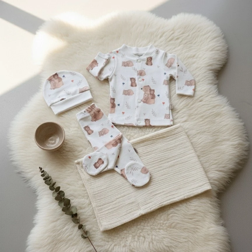 Alt Üst Takım 4'lü Set | Ayıcık Desenli | Yenidoğan & Bebek Giyim