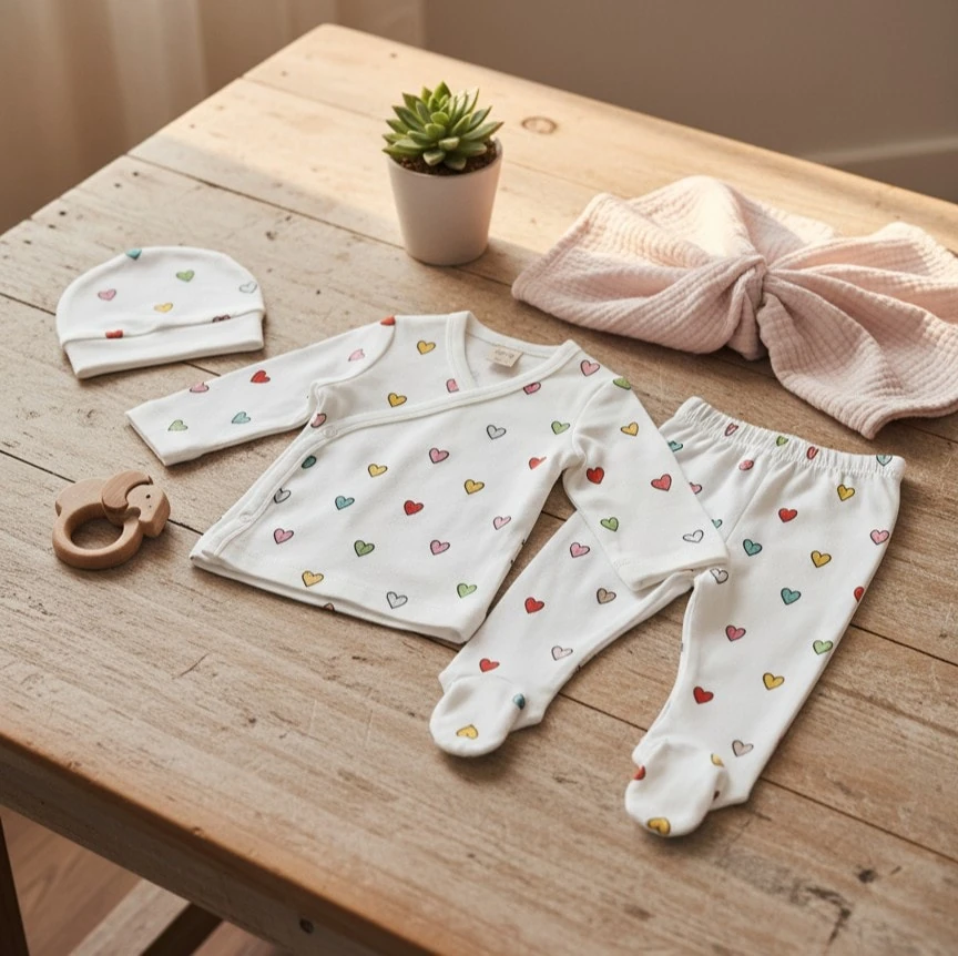 Kız Bebek Alt Üst Takım 4'lü Set | Kalp Desenli | Yenidoğan & Bebek Giyim