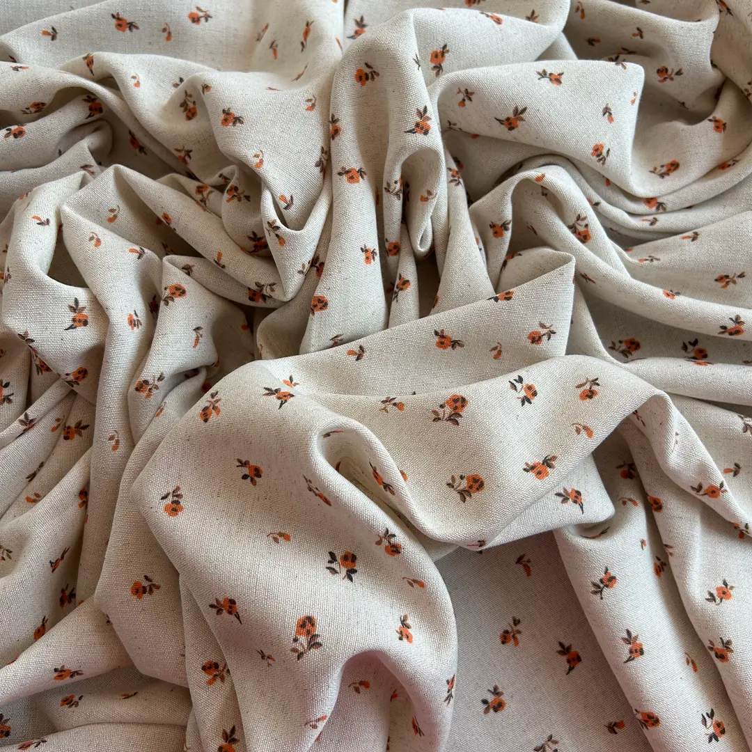 Toptan Viskon Keten Kumaş / Çıtır Çiçek Desenli  / DRY - 166 - Turuncu