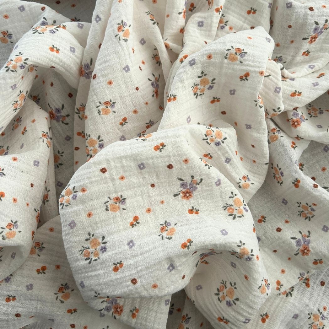 Toptan Müslin Kumaş / Çiçek Desenli / DRY 221 - Turuncu