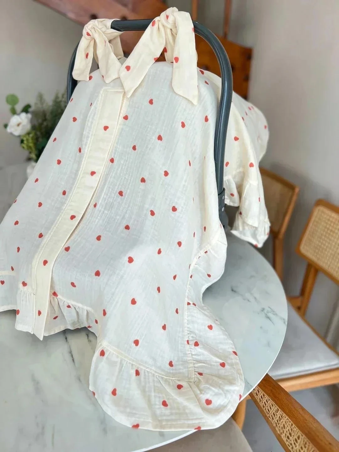 Kalp Desenli Müslin Puset Örtüsü | Bebek Aksesuarları - Kırmızı