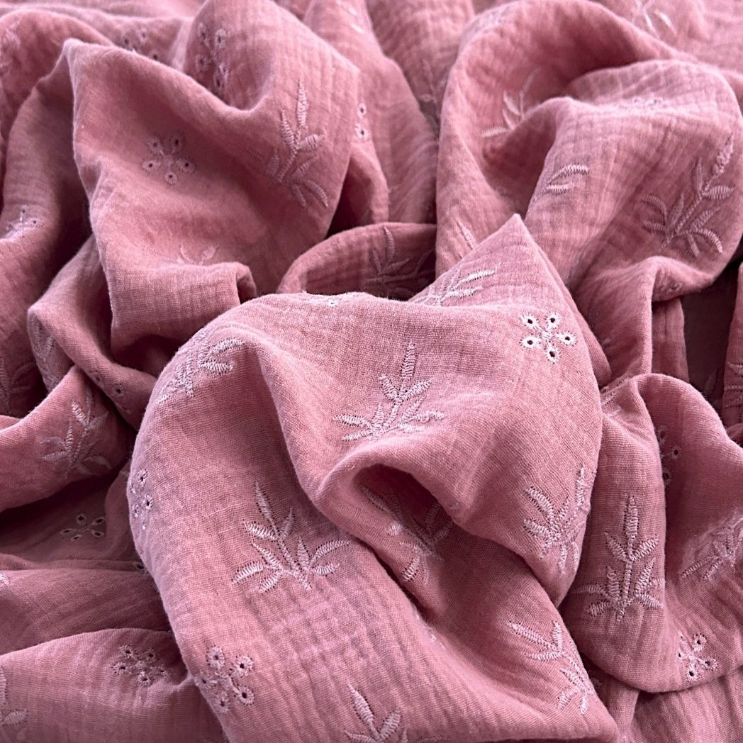 Nakışlı Çift Kat Müslin Kumaş / Çiçek Desenli / DRY 3001 - Pembe