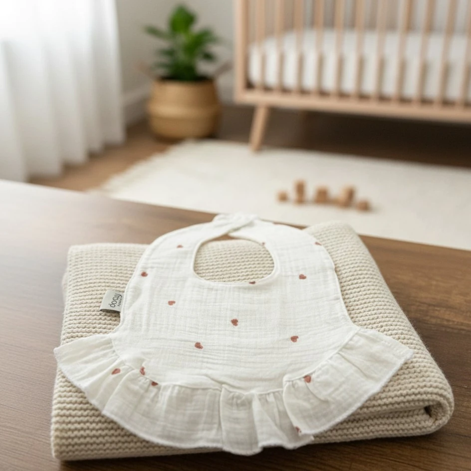 %100 Organik Müslin Önlük / Bebek Mama Önlüğü - Kalp