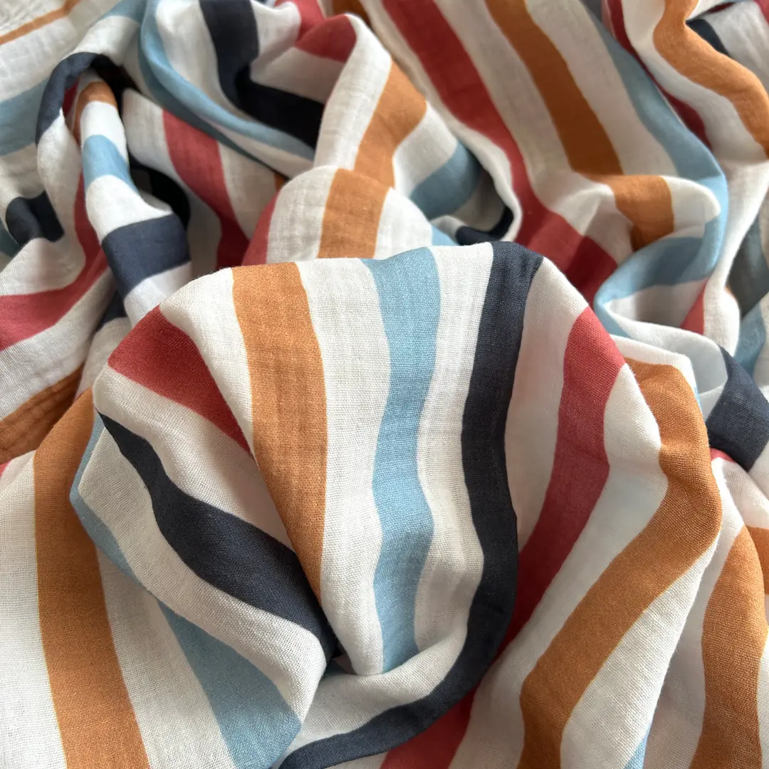 Toptan Müslin Kumaş / Renkli Çizgi Desenli / DRY 154 - Koyu Mavi