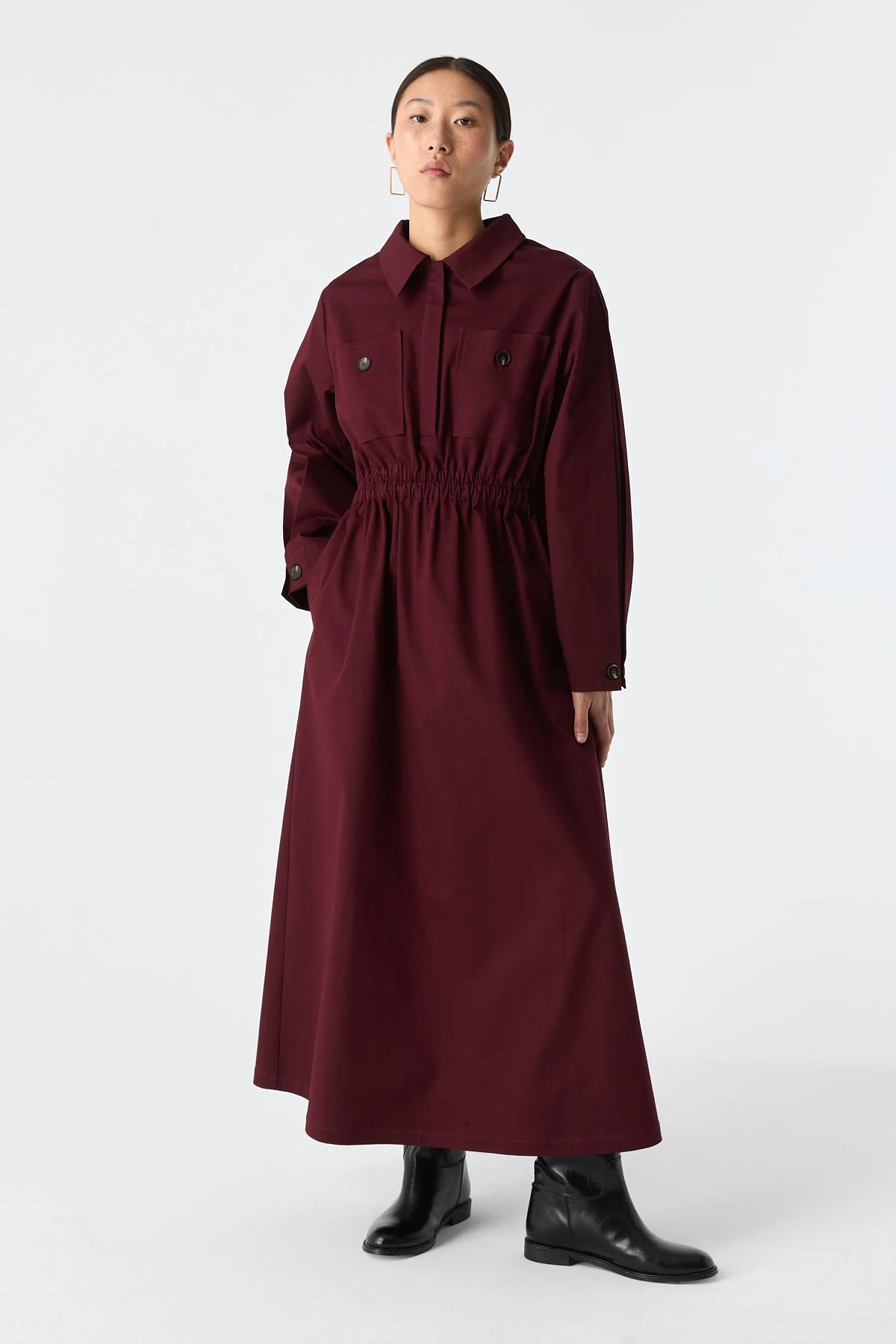 Cep Detaylı Elastik Belli Pamuk Elbise