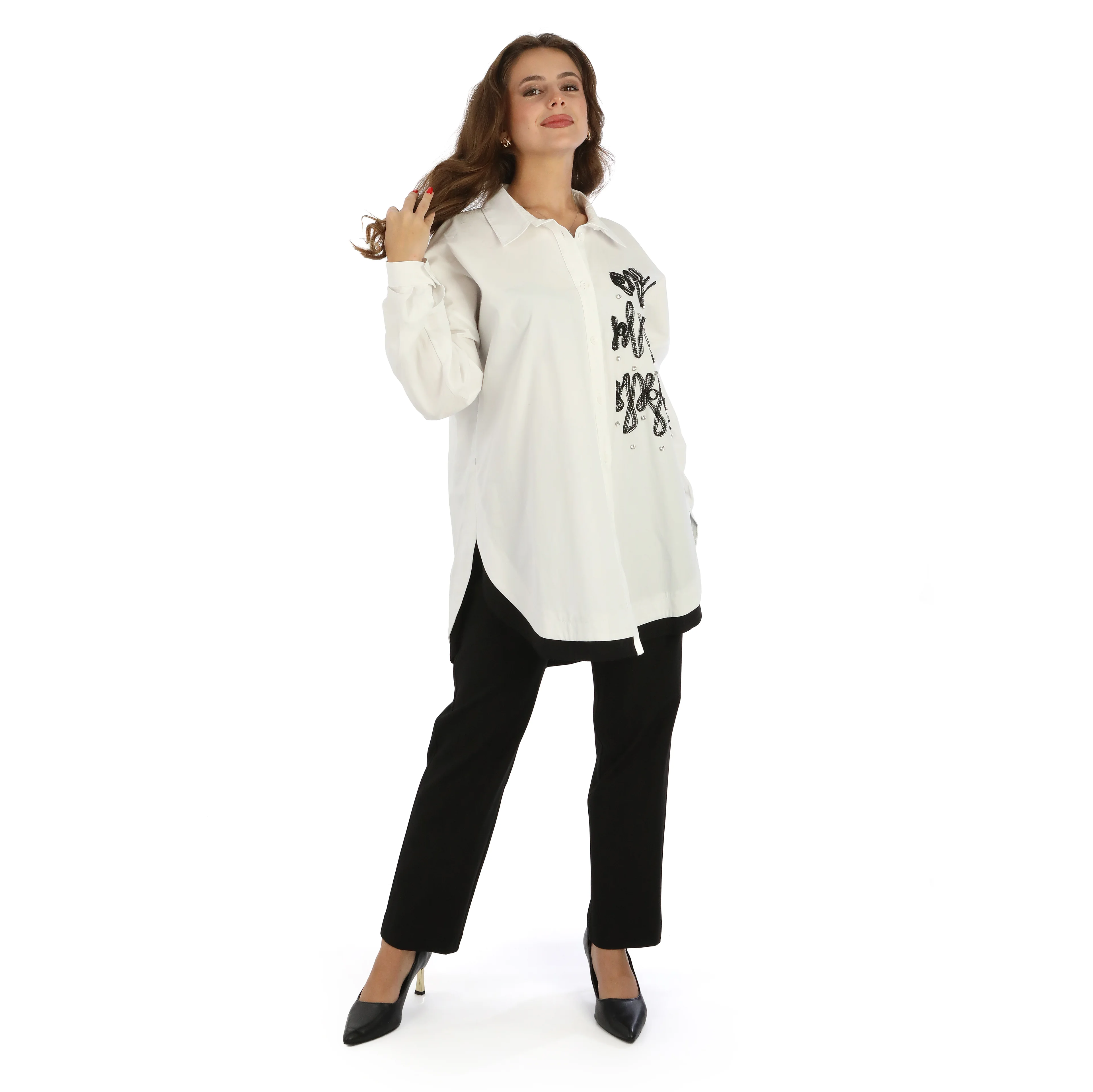 Taş Detaylı Desenli Koton Gömlek