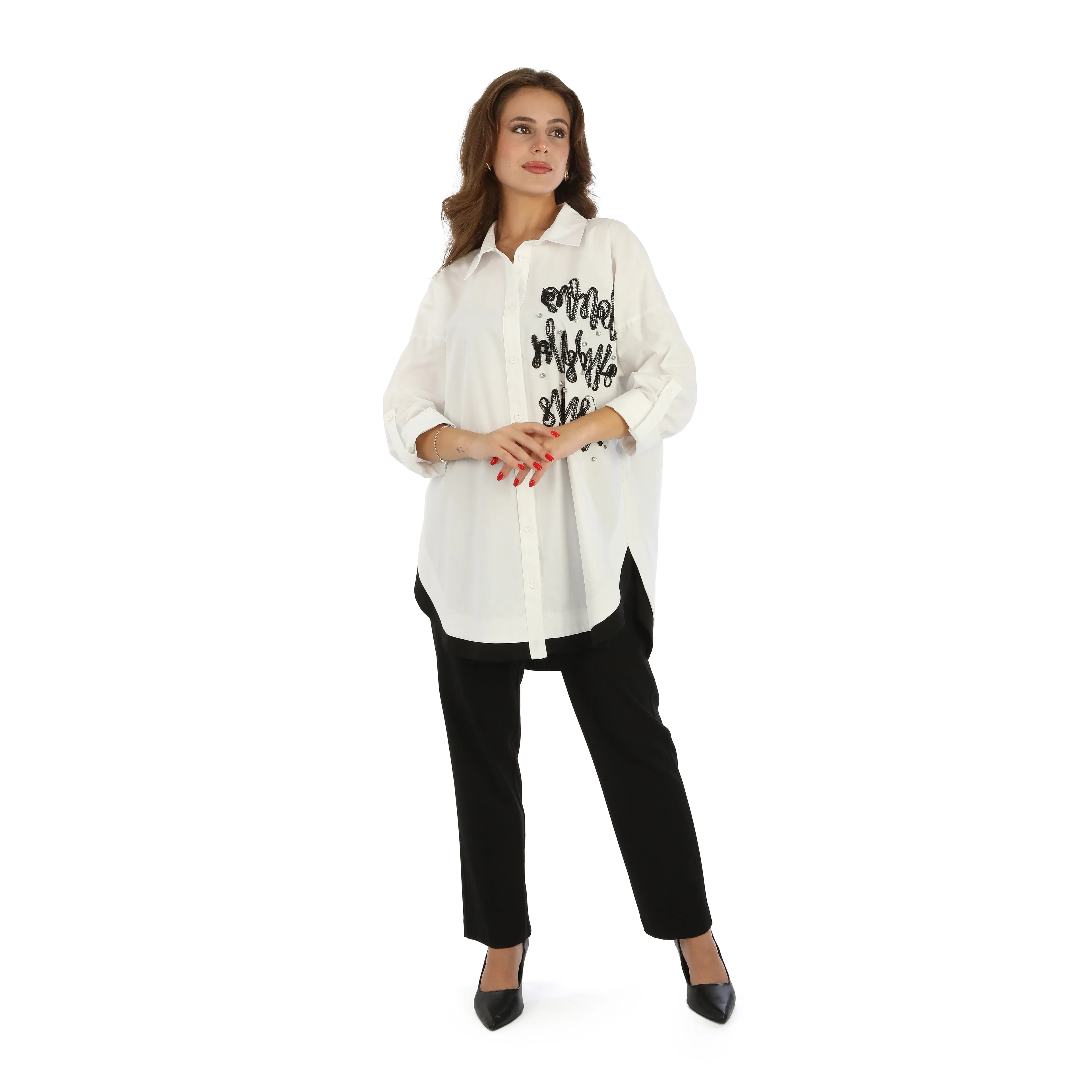 Taş Detaylı Desenli Koton Gömlek