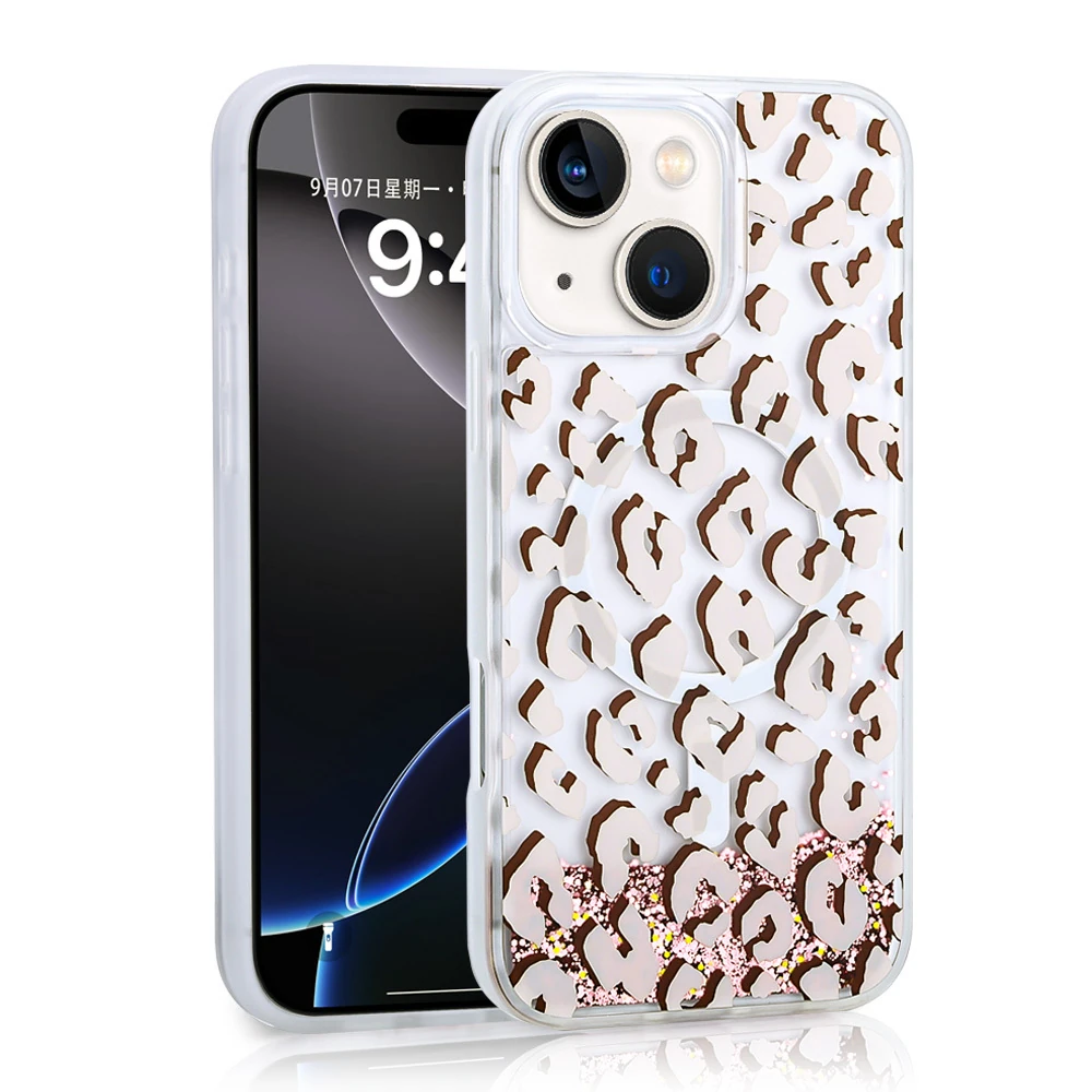 Apple iPhone 14 Kılıf Sıvılı Simli Baskılı Şeffaf Arka Yüzey Zore Mossa Silikon Kapak main variant image