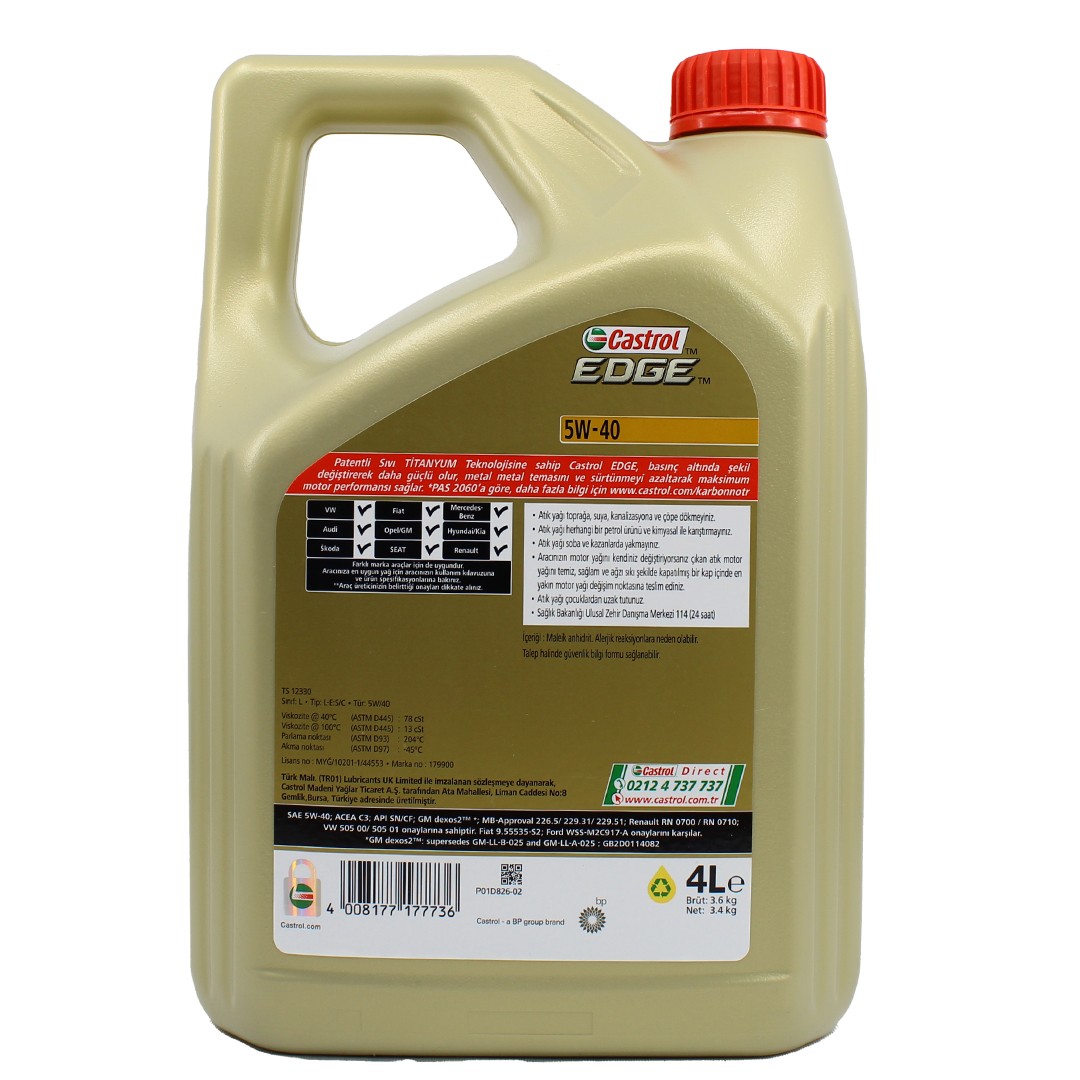 Castrol Edge 5W40 4 Lt Tam Sentetik Motor Yağı