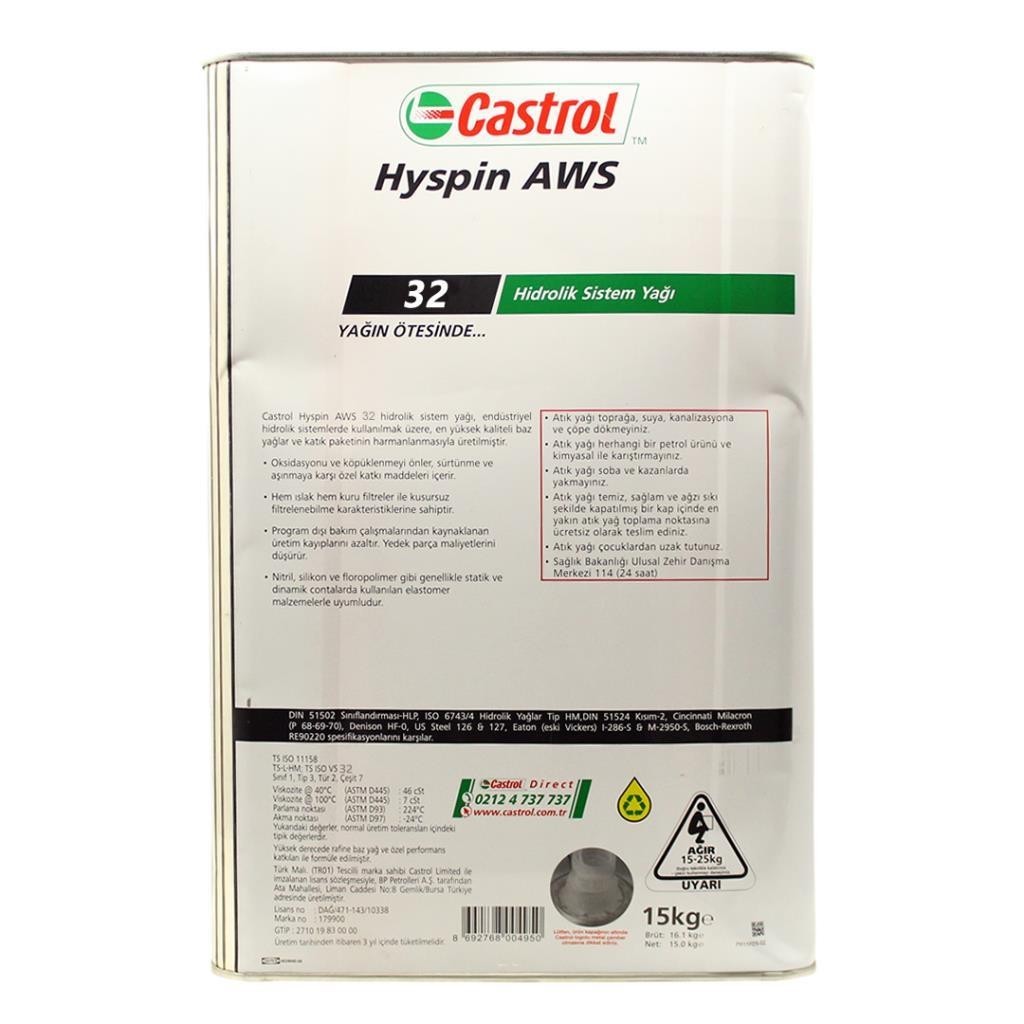 Castrol Hyspin AWS 32 15 Kg Hidrolik Sistem Yağı