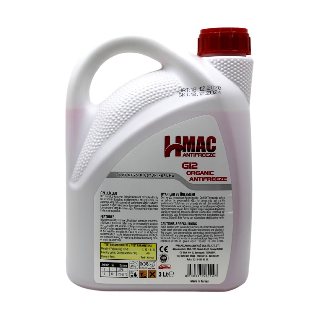 H-Mac Organik Kırmızı Antifriz -40 Derece 3 Lt (6 Adet)